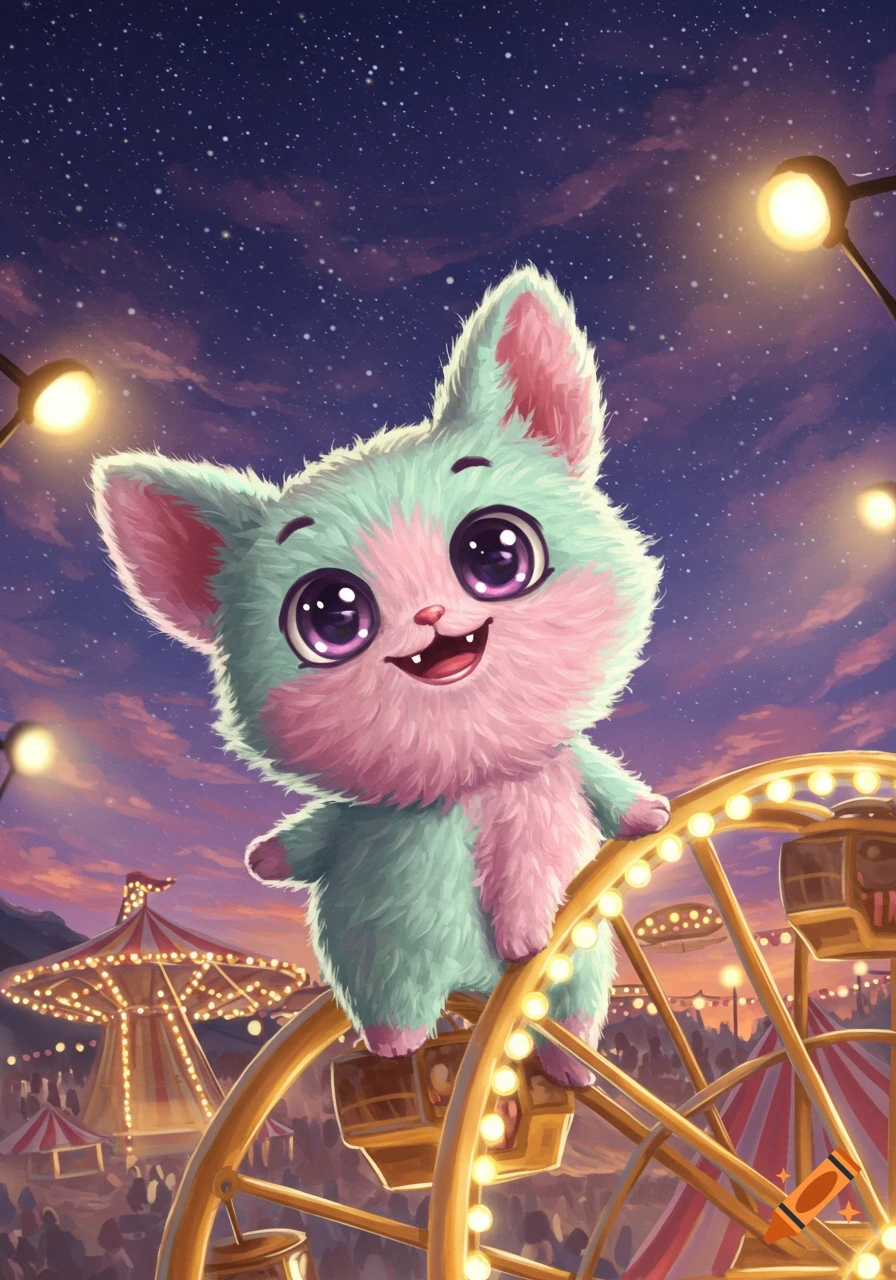 A cute, fluffy mint green and pink creature with big eyes smiles on a Ferris wheel at a vibrant night carnival.