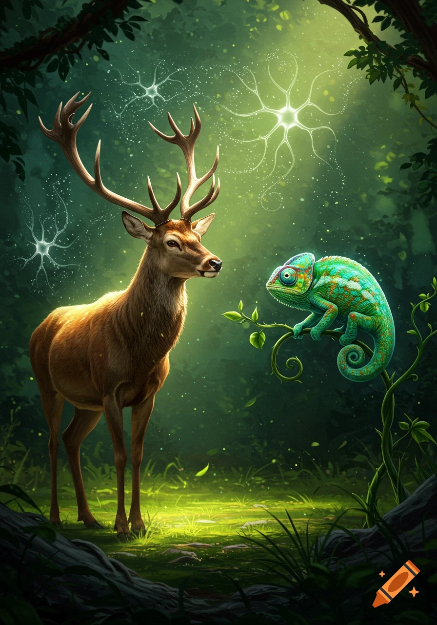 A deer and a chameleon in a vibrant, enchanted forest, illuminated by glowing neuron-like patterns. Fantasy art.