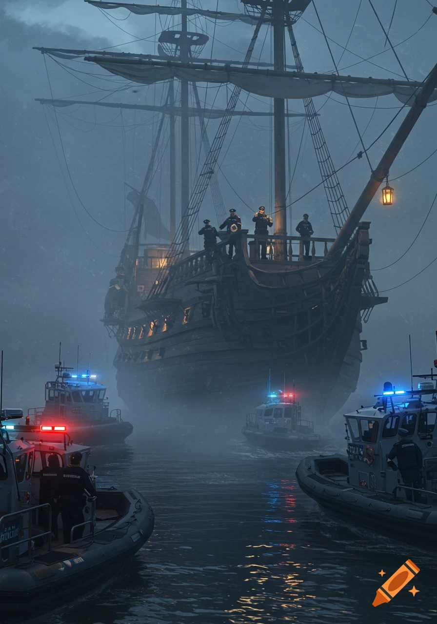 A large old sailing ship, resembling a pirate ship, is surrounded by modern police boats with flashing lights in a dense fog.