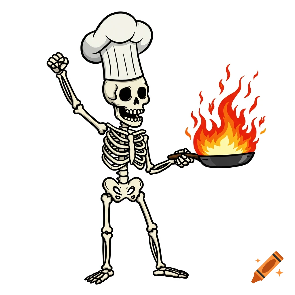 A cartoon skeleton chef wearing a white hat, raising a fist and holding a pan with a large flame.