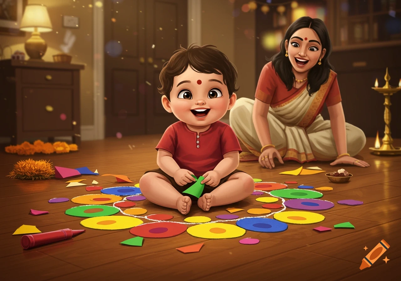 A cheerful cartoon toddler makes a colorful paper rangoli on the floor while a happy mother watches in a festive home.