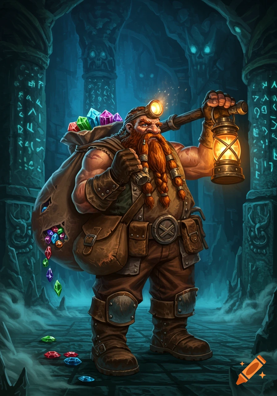 A muscular dwarf miner with a red beard carries a sack of glowing gems and a lantern through an ancient, eerie dungeon.