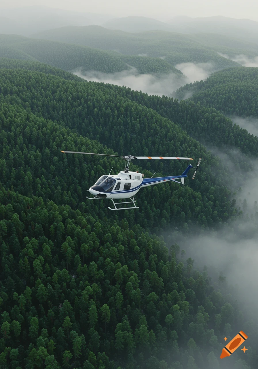 A white and blue helicopter flies over a dense, misty green mountainous forest.