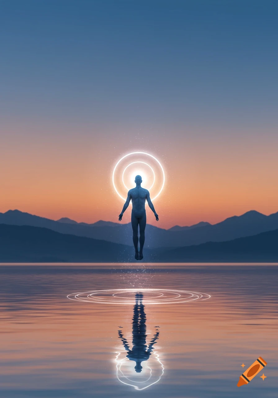 A silhouetted figure with a glowing halo floats above still water with ripples, reflecting below at sunset over mountains.