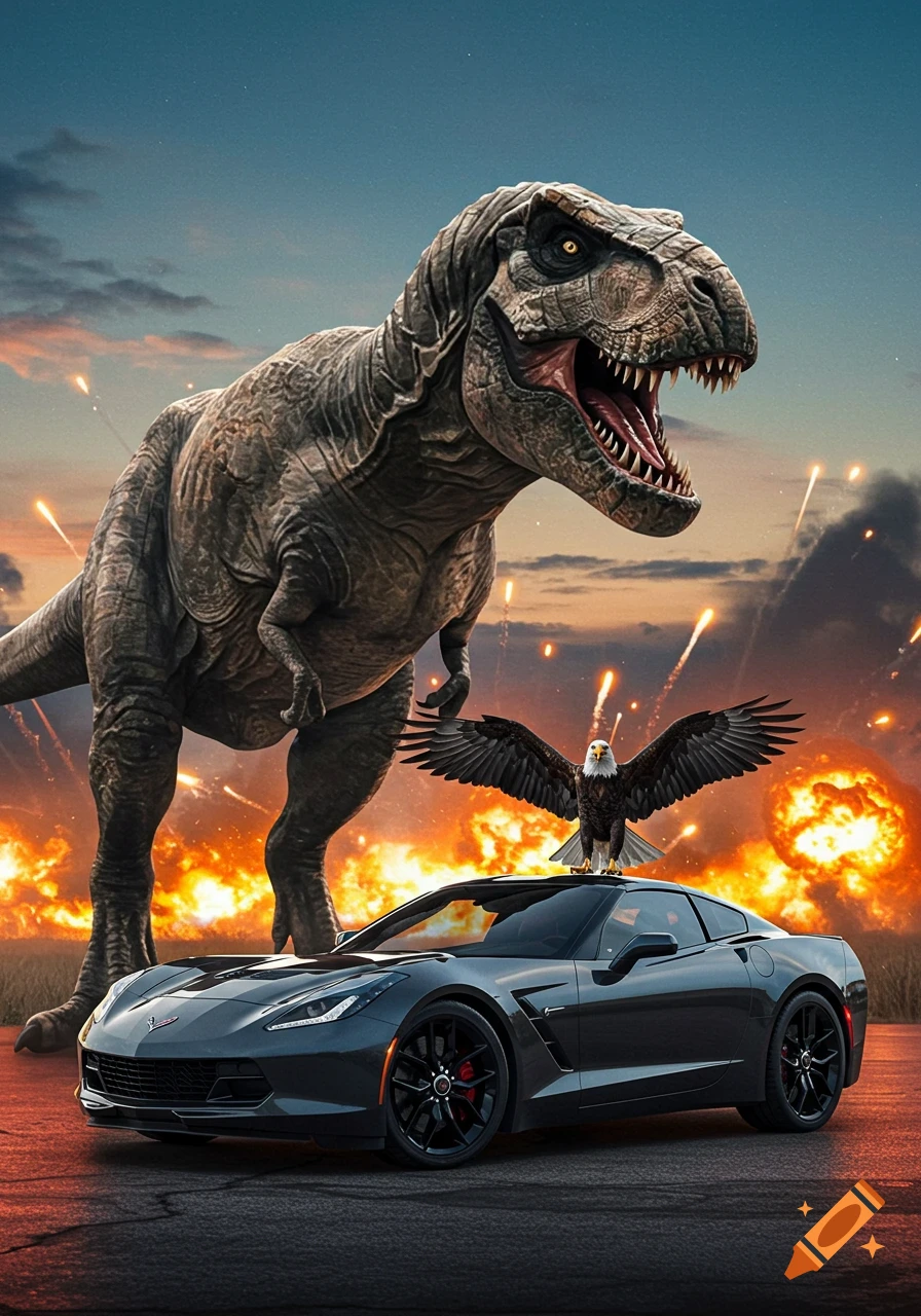 A photorealistic T-rex, gray Corvette, and bald eagle against a backdrop of fiery explosions and a sunset sky.