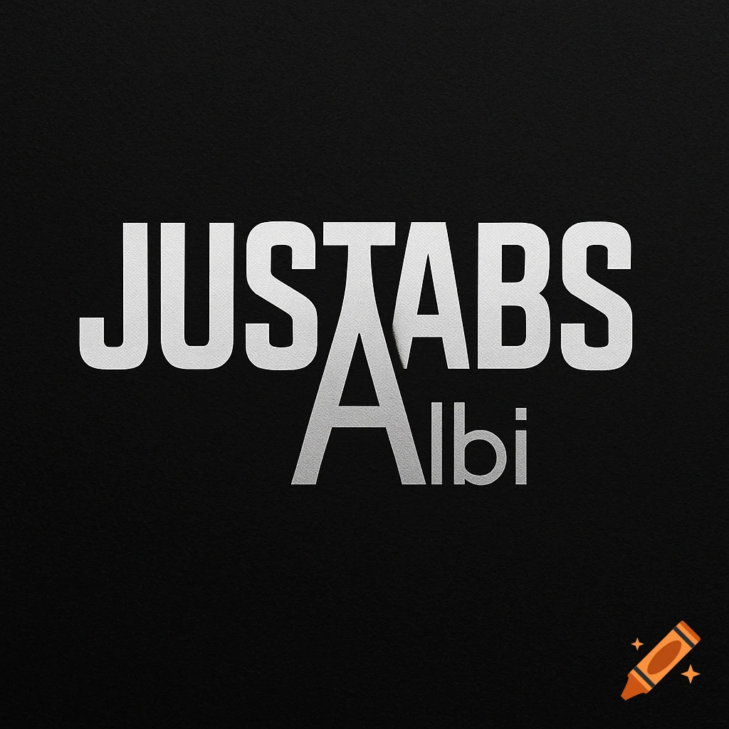 Silver gradient logo displaying 'JUSTABS' with 'Albi' in smaller letters within the extended 'A', on a dark textured background.