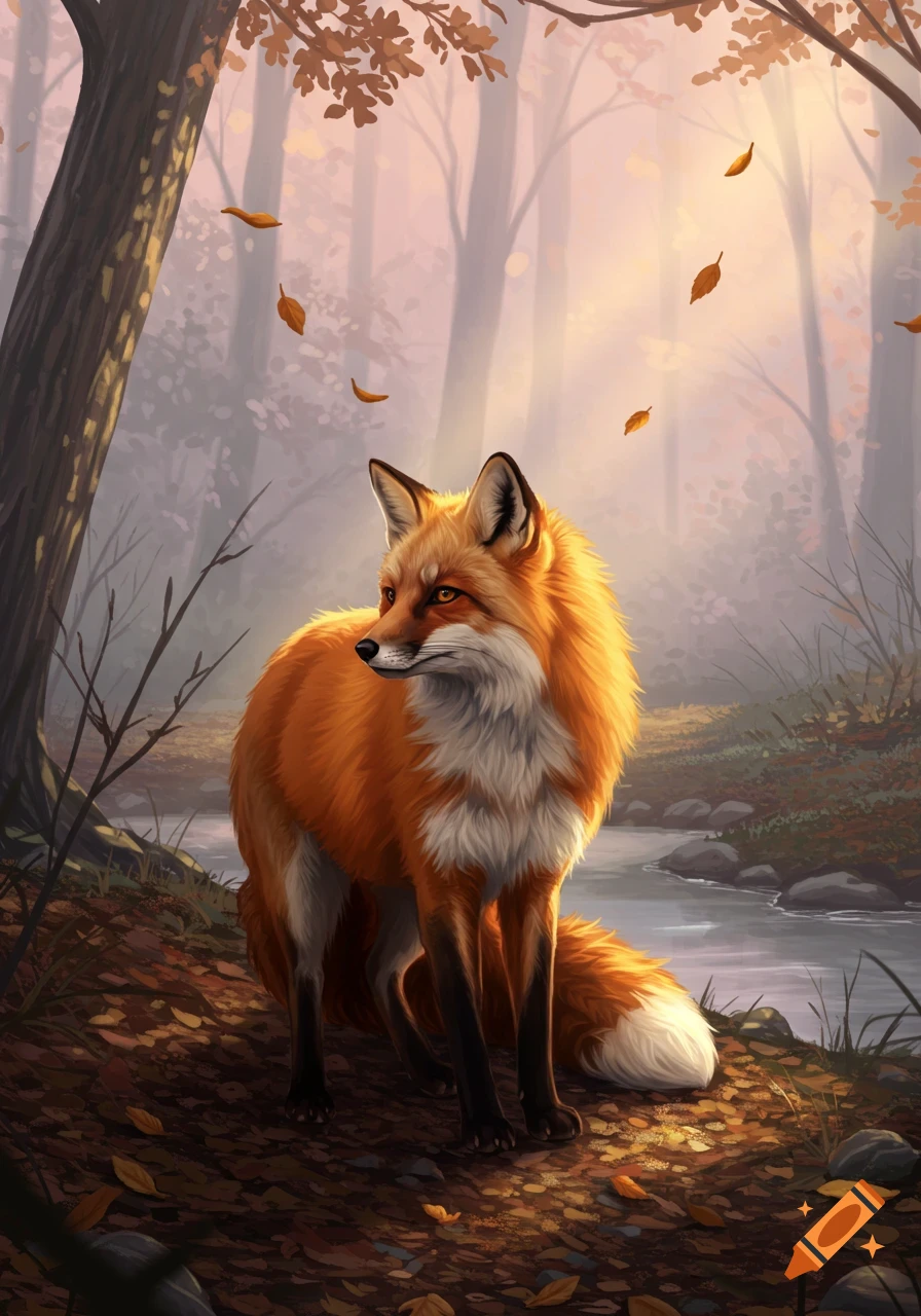 A stylized red fox stands in an autumnal forest next to a stream, with leaves falling and a soft, glowing light.