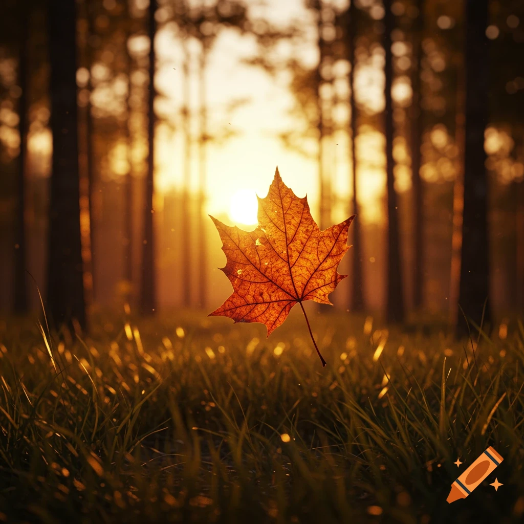 A vibrant orange maple leaf floats in a sunlit forest clearing with golden grass in the foreground.