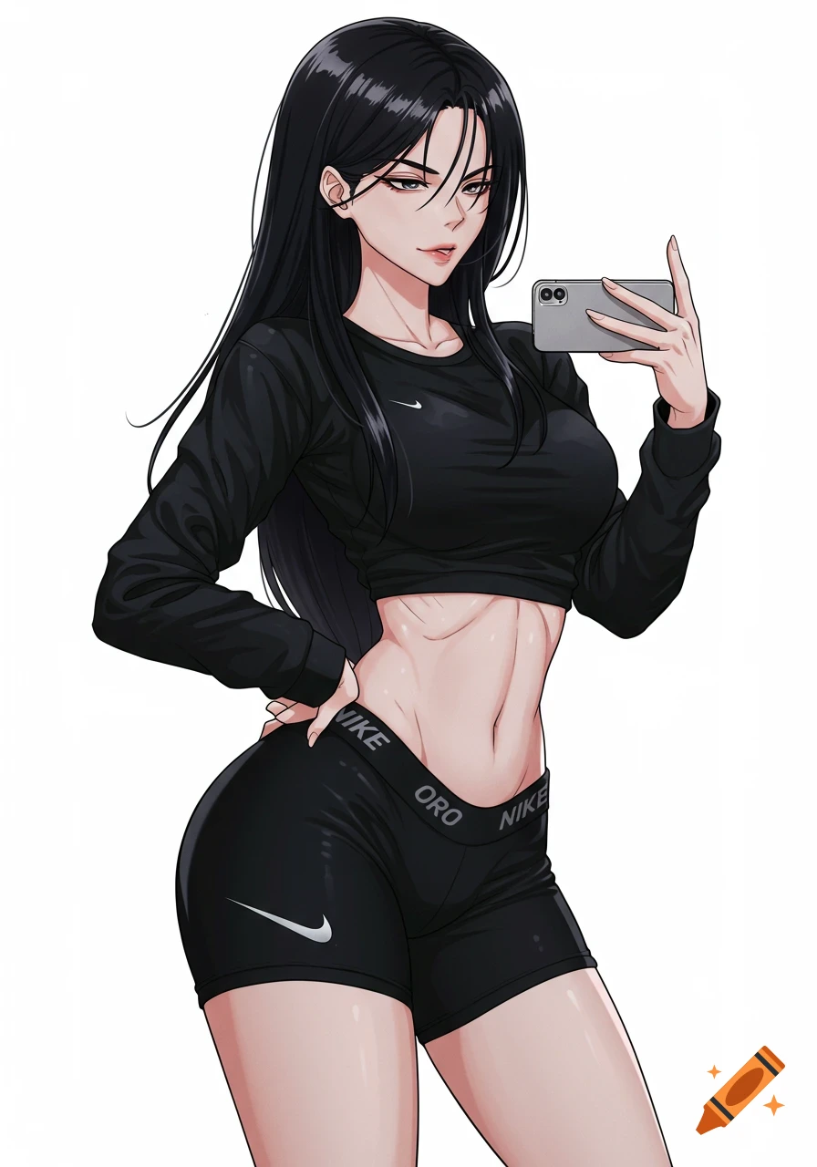 Anime girl with long black hair in a black crop top and shorts, taking a confident selfie, white background.