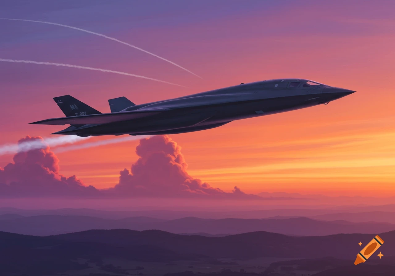 A dark gray stealth bomber flies through a vibrant purple and orange sunset sky over distant mountains.