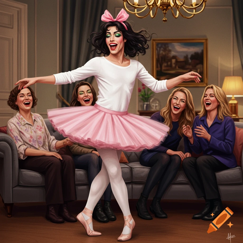 An illustrated image of a man in a pink tutu and makeup dancing in a living room for three women sitting on a couch and laughing.