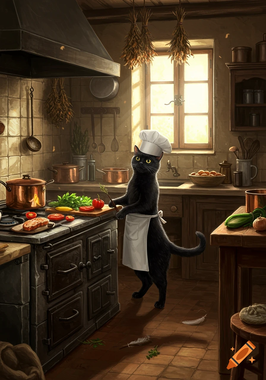 A whimsical illustration of a black cat in a chef's hat and apron, cooking vegetables in a rustic kitchen.