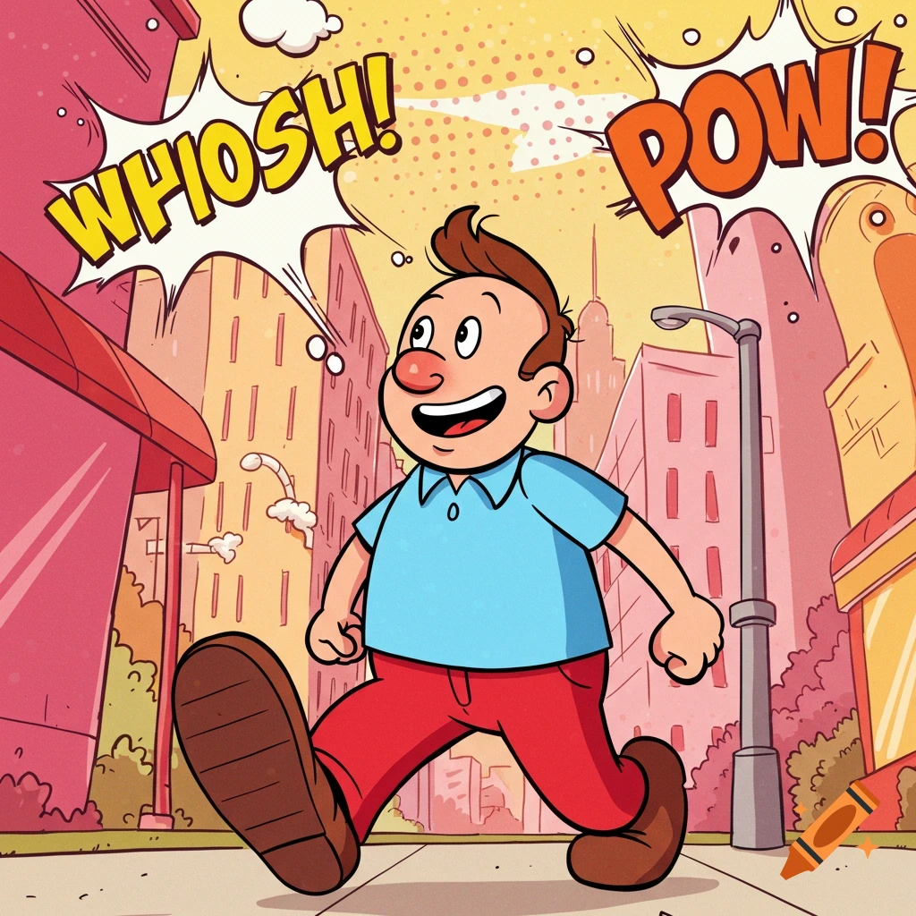A smiling cartoon man in a blue shirt and red pants walks on a city street, with "WHOSH!" and "POW!" comic book sound effects above.