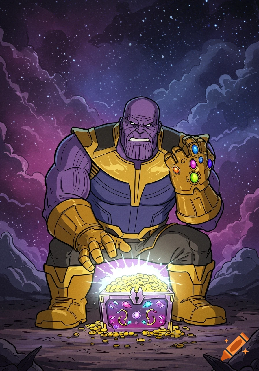 Purple Thanos in gold armor and Infinity Gauntlet crouches over a glowing treasure chest filled with gold coins, set against a starry purple nebula background in cartoon style.