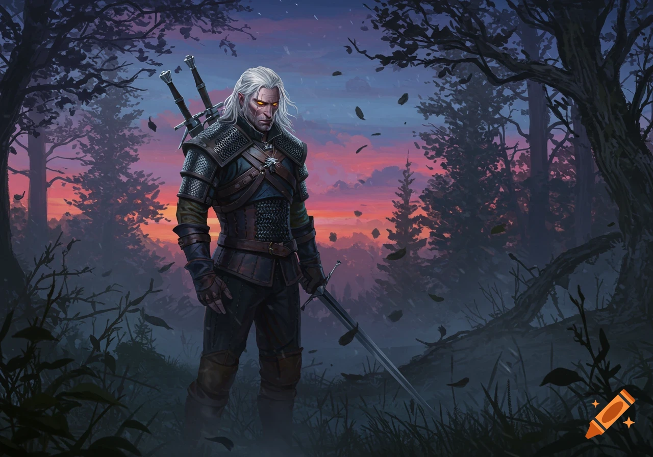 A white-haired man in dark armor with swords on his back and in hand stands in a misty forest at sunset.