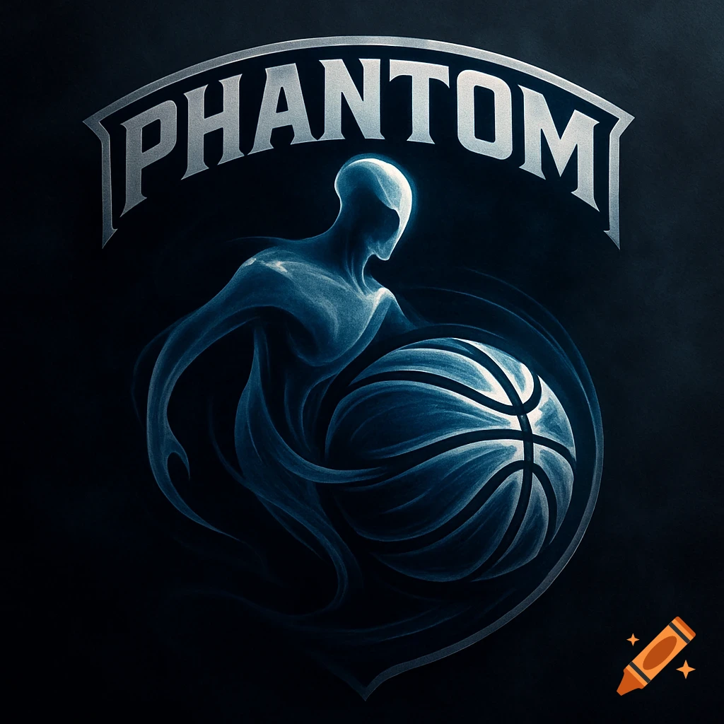 A dark blue sports logo featuring a glowing, smoke-like phantom figure holding a basketball, with 'PHANTOM' text arched above.