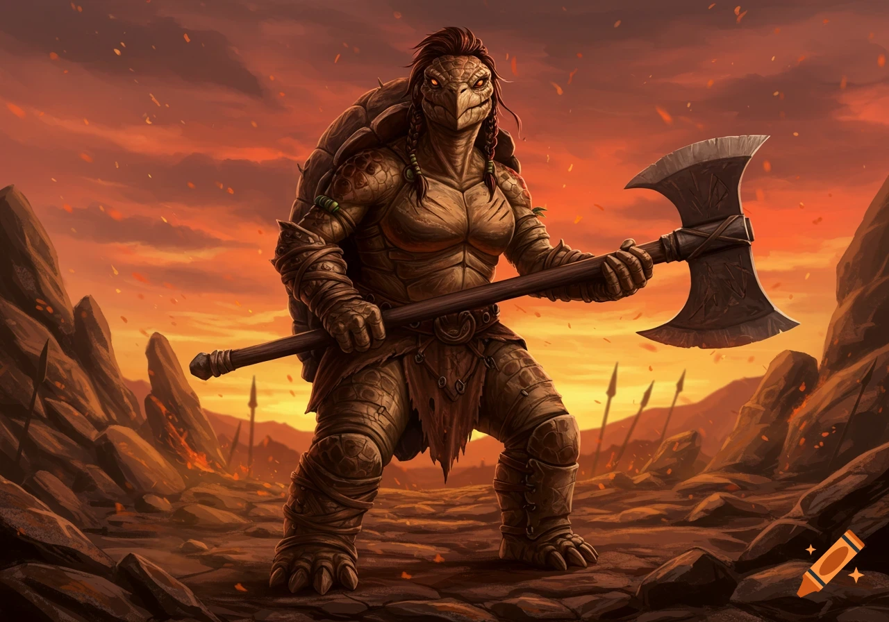A muscular tortle barbarian with a huge greataxe stands in a desolate, fiery landscape, digital illustration.