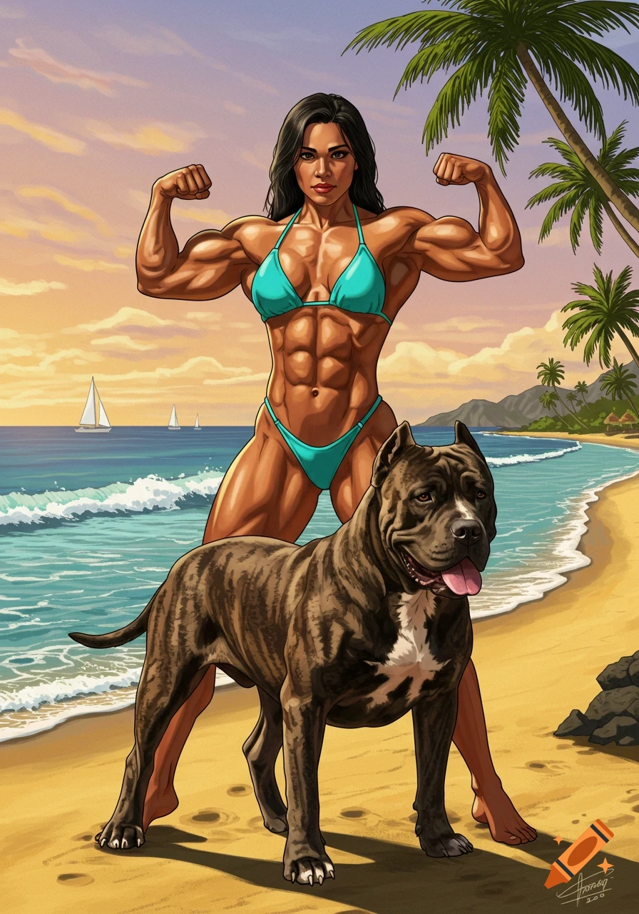 Illustrated muscular woman in a bikini flexing on a tropical beach next to a large dog at sunset.