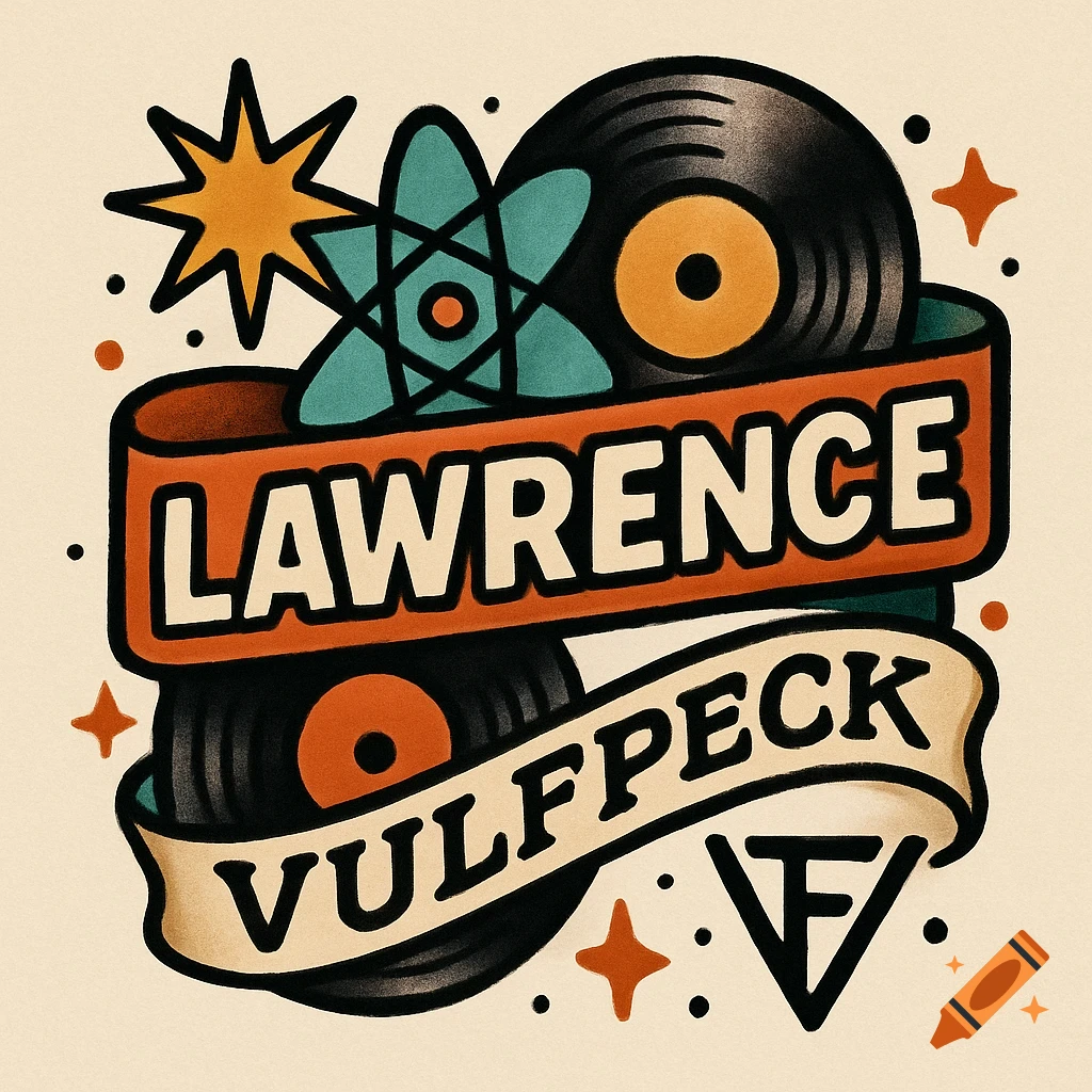 Retro illustration of two banners reading 'LAWRENCE' and 'VULFPECK' above vinyl records, an atom, and stars.