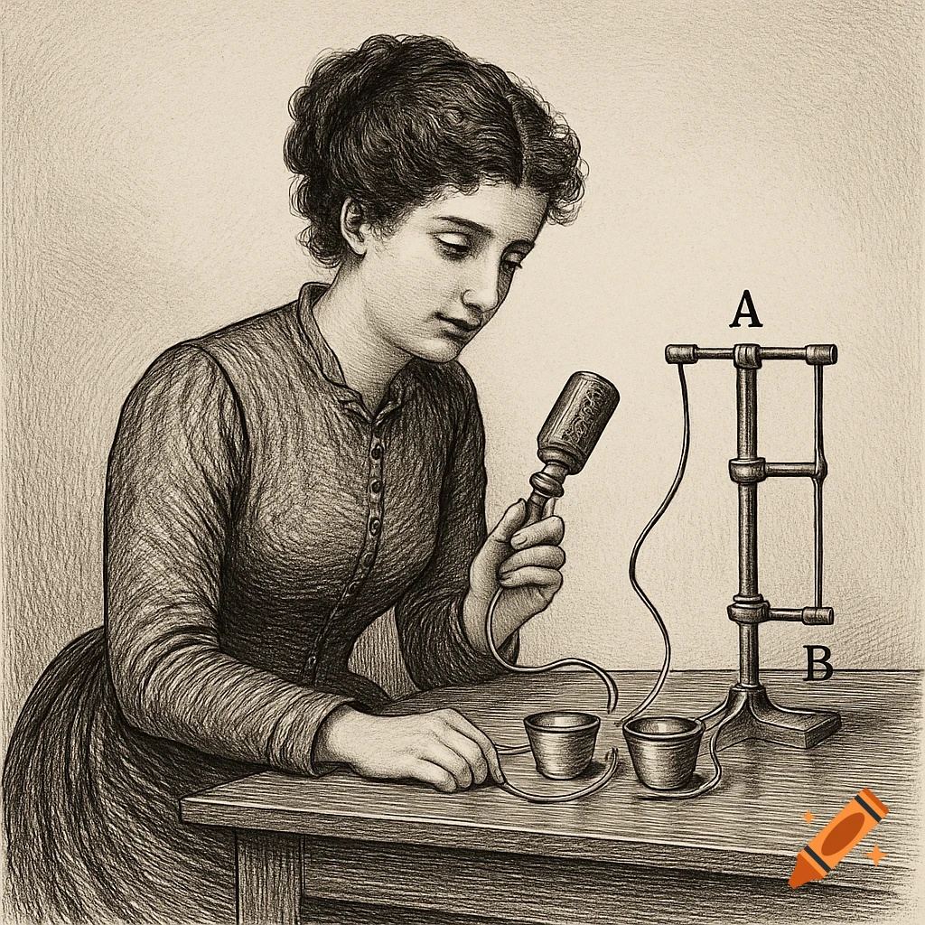 A woman in a Victorian dress holding a microphone, seated at a table with a scientific experiment in a sketch style.