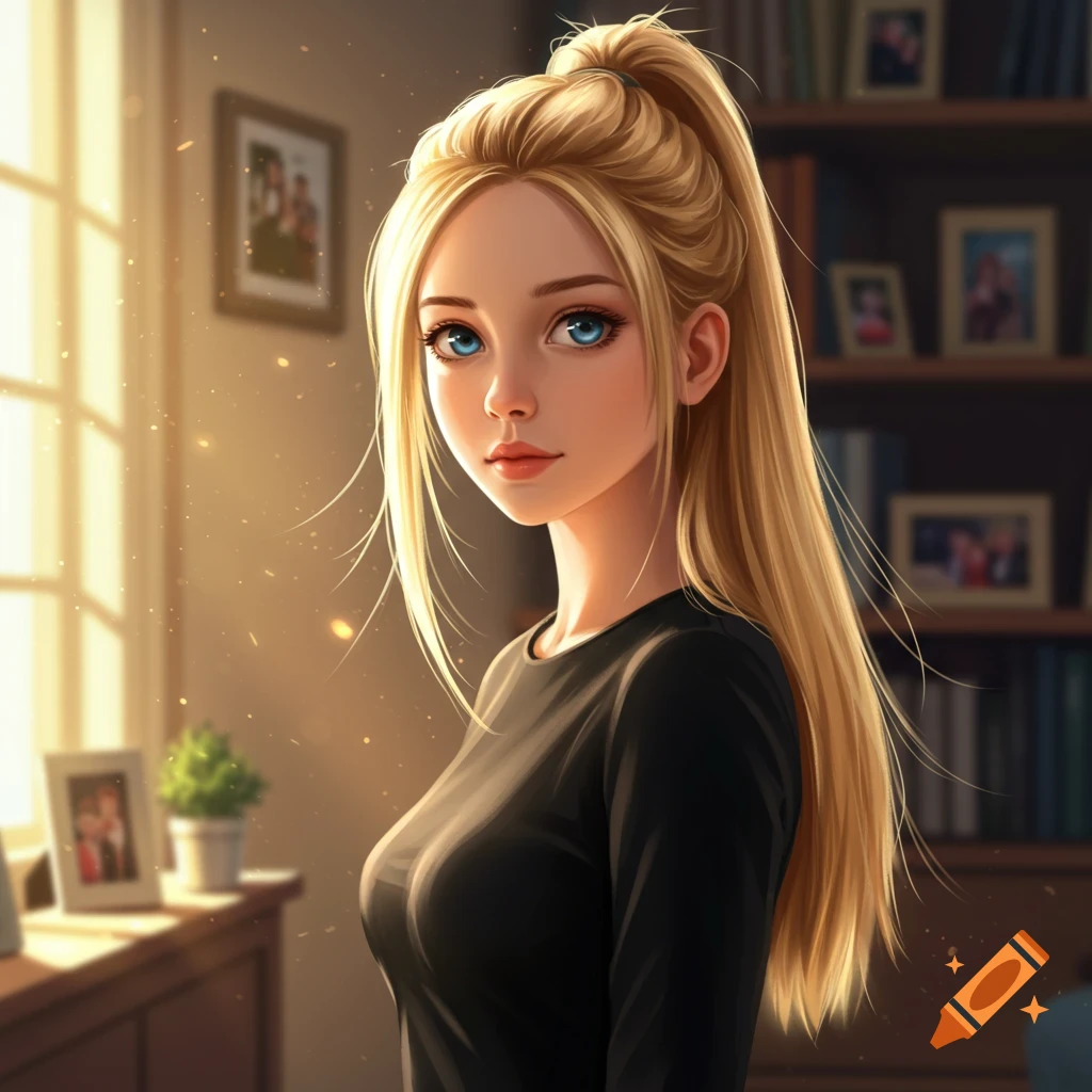 Stylized blonde girl with blue eyes, ponytail, black shirt in a sunlit room with bookshelves.