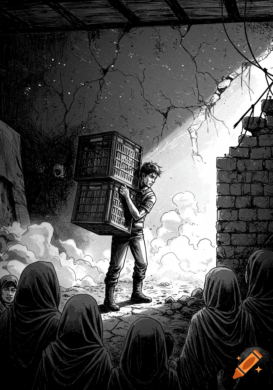 A man with messy hair carries two large crates into a dim, ruined room where families in headscarves huddle. Black and white manga style.