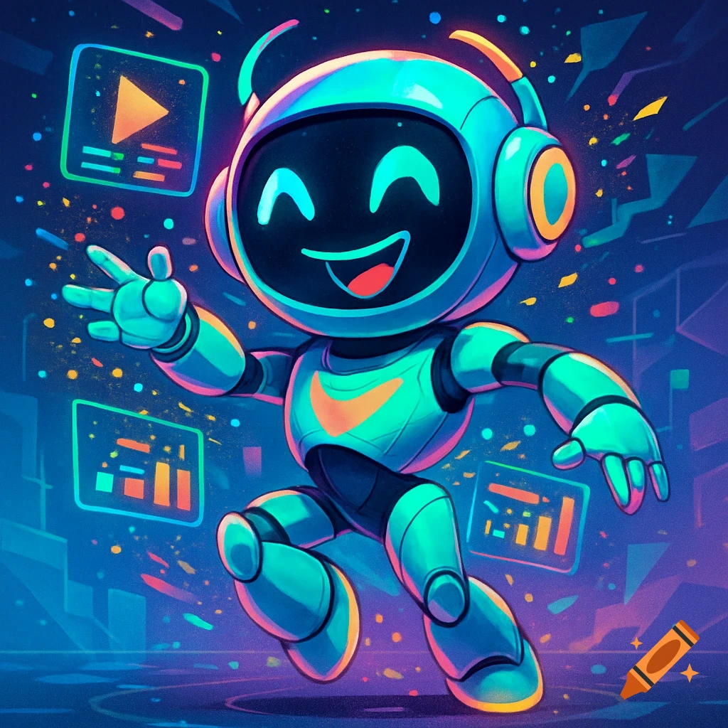 A cute, cheerful robot mascot with headphones and a screen face, surrounded by floating digital media icons, in a vibrant, neon art style.