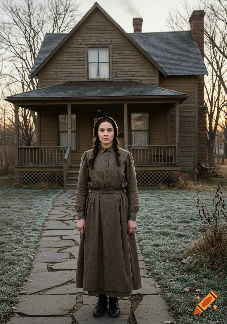 A young woman in a long brown dress with pigtails stands on a stone path in front of a rustic wooden house.