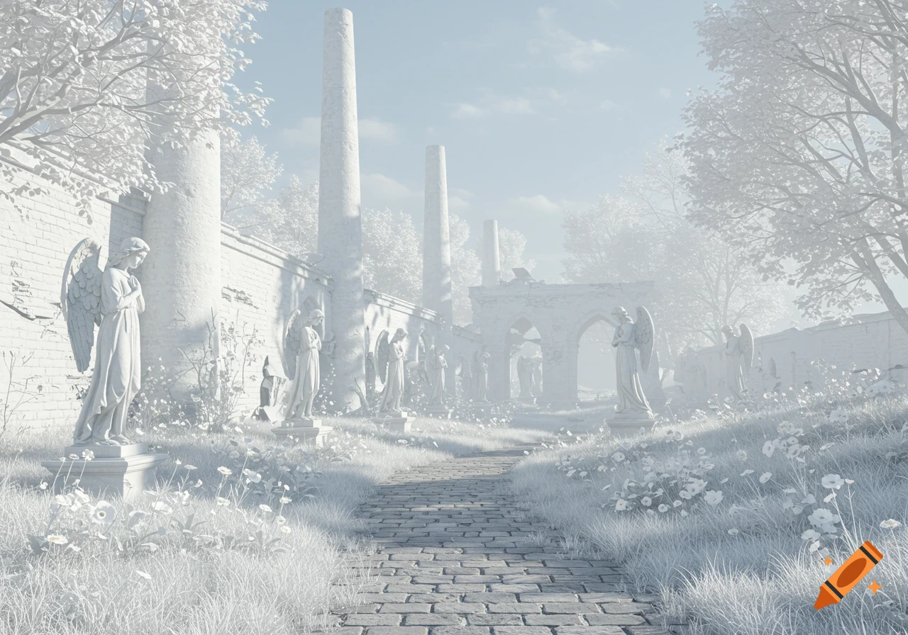 Ethereal white garden with angel statues, crumbling walls, and leaning towers along a cobblestone path amid white grass and flowers.