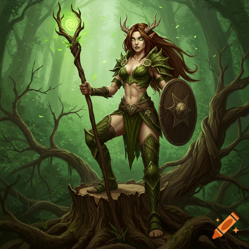 A female fantasy druid warrior with antlers, glowing staff, and shield stands on a tree stump in a lush forest.