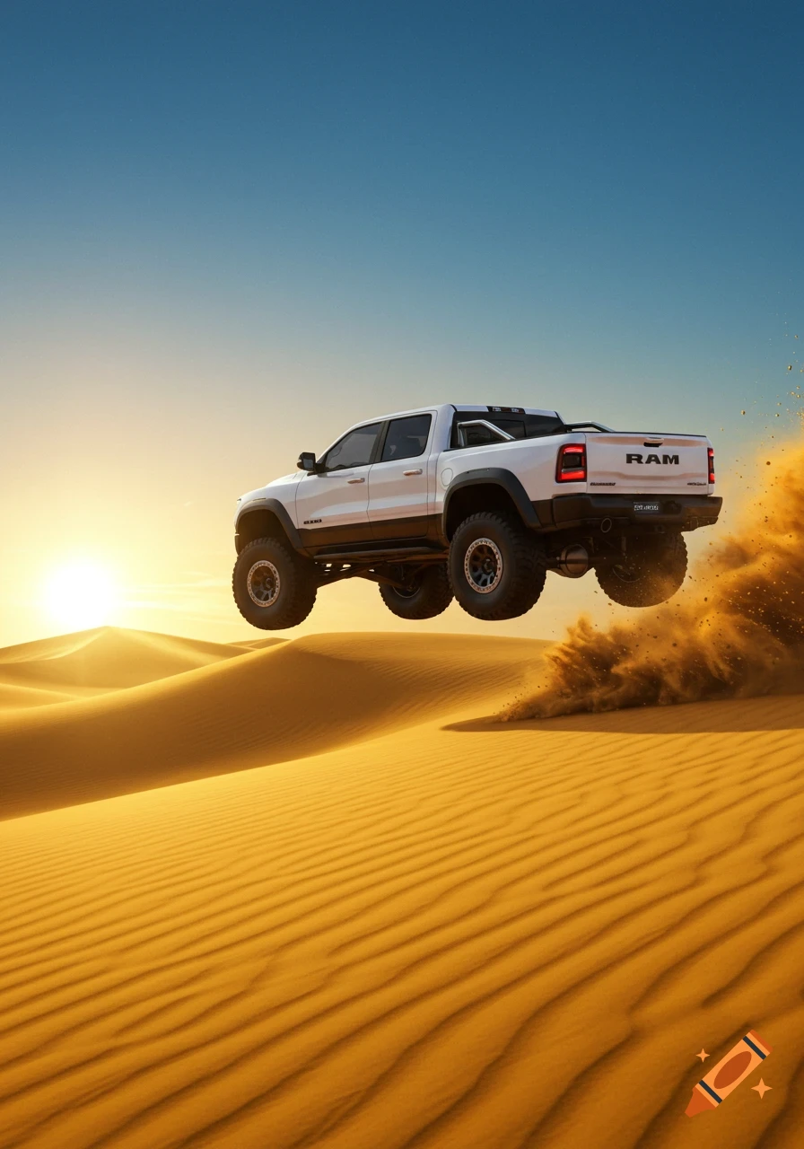 A white Ram RHO truck leaps over a sand dune at sunset, kicking up sand in a desert landscape.