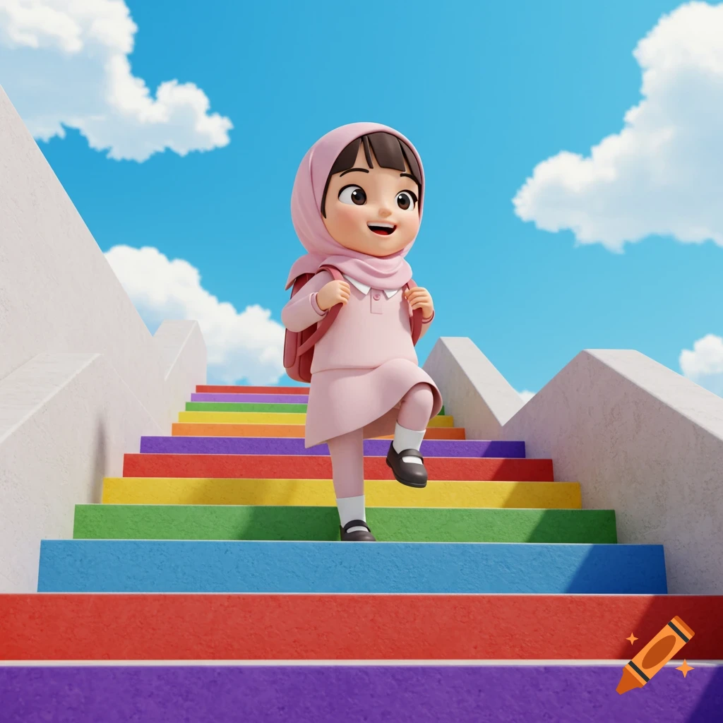 A smiling cartoon girl in a pink hijab and backpack walks up bright rainbow-colored stairs under a blue sky with clouds.