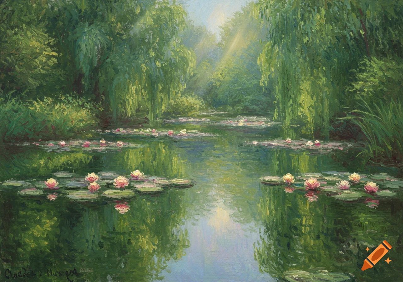 Impressionistic painting of a serene water lily pond surrounded by lush green weeping willow trees with sunlight shining through.