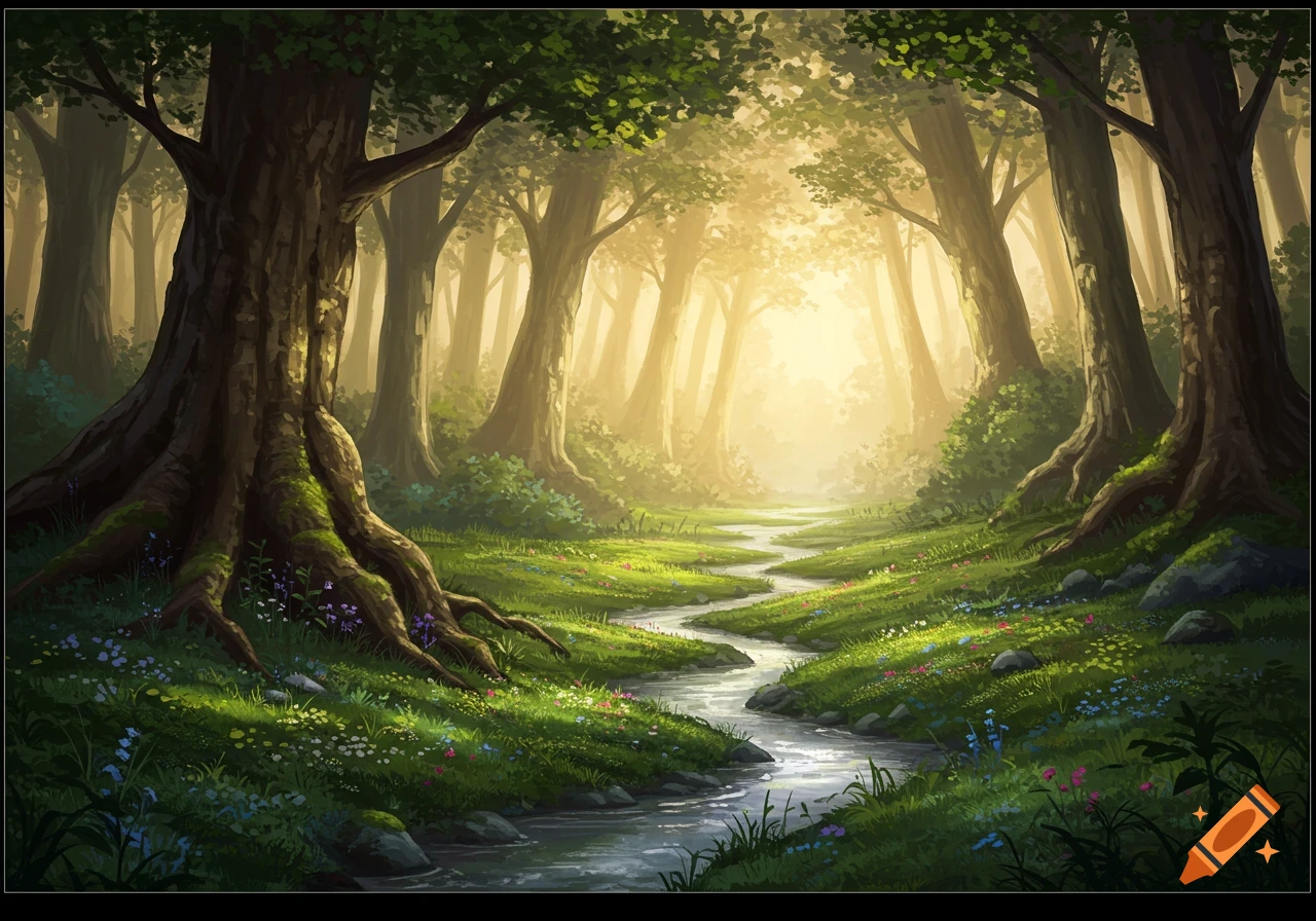 A winding stream flows through a sun-dappled, mossy fantasy forest with tall trees and wildflowers.