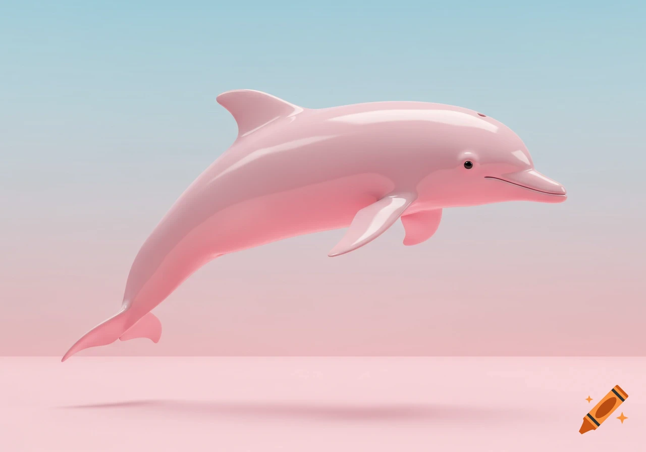 A glossy pink dolphin leaps against a pale blue and pink gradient background in a minimalist style.