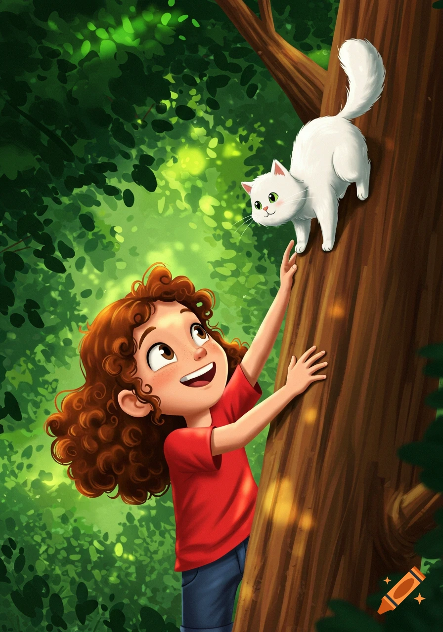 A cheerful cartoon girl with curly brown hair climbs a tree, reaching for a white cat sitting on a branch, in a digital illustration.