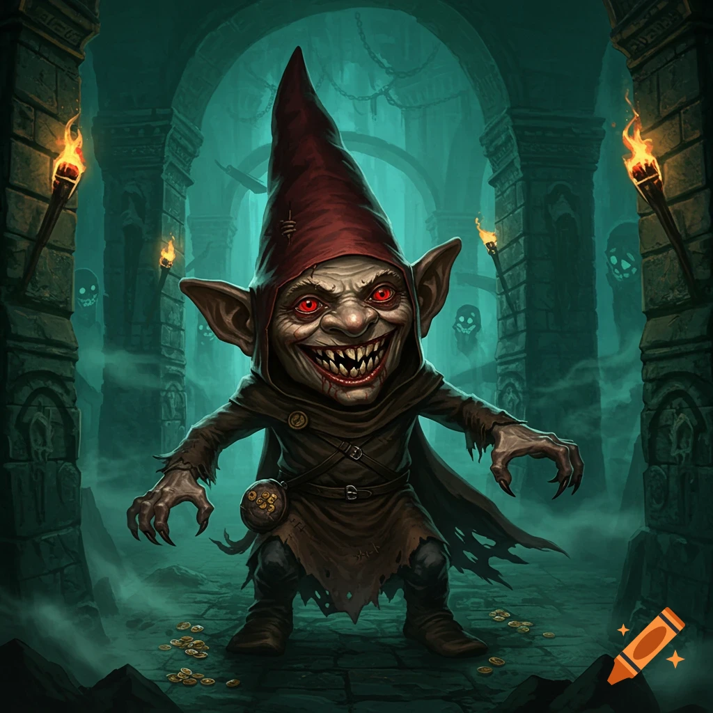 A terrifying, red-eyed gnome with sharp teeth and a red pointed hat grins in a dark, torch-lit dungeon.