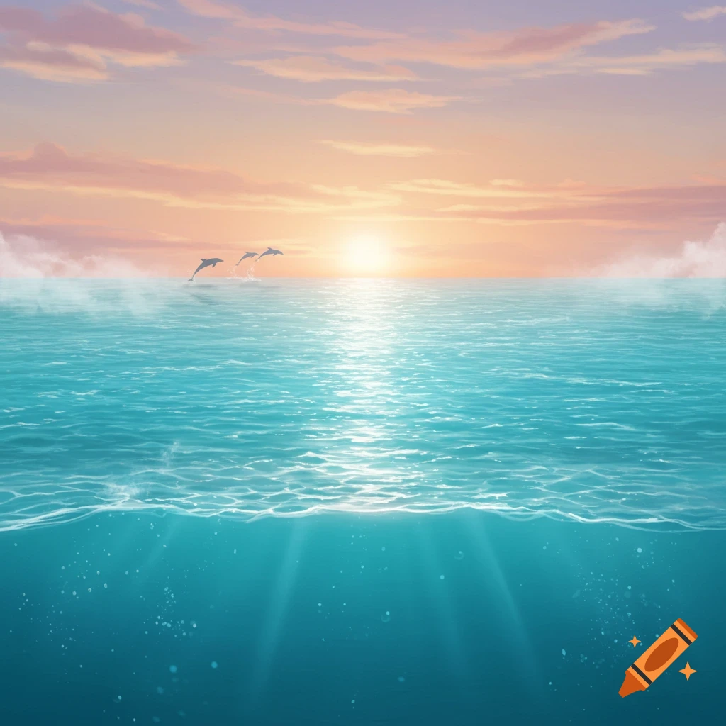 Three dolphins leap from a stylized turquoise ocean under a pink and orange sunset sky.
