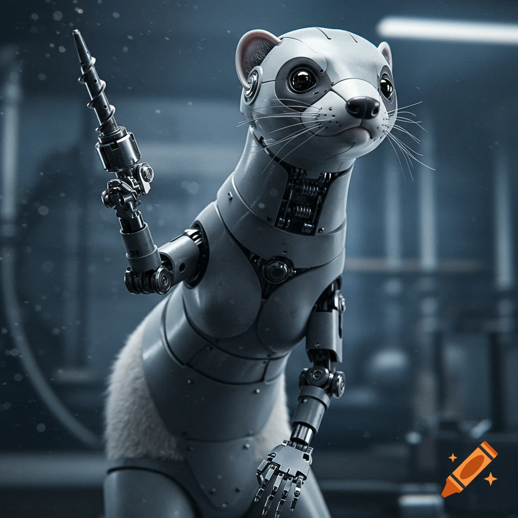 Photorealistic mechanical ferret with a drill arm, standing upright in a metallic setting.