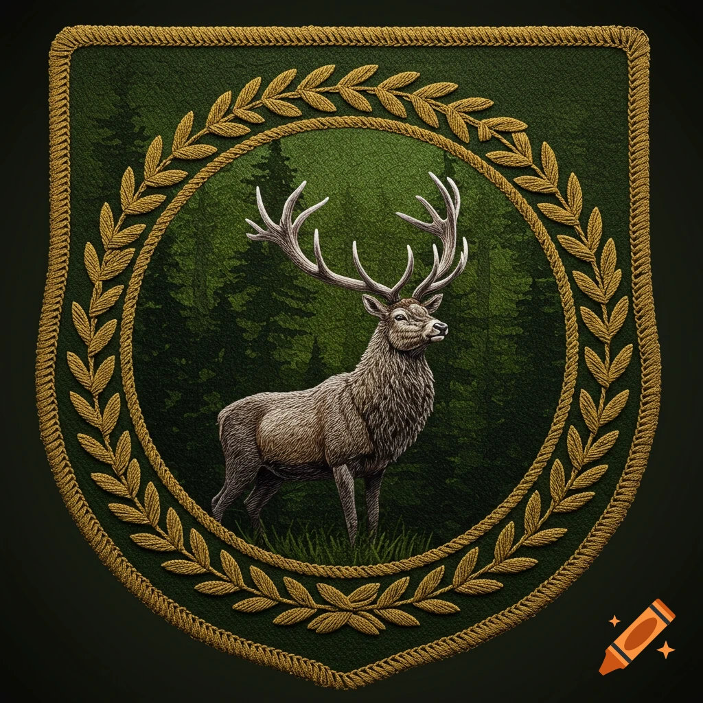 An embroidered military patch featuring a stag with large antlers against a dark green forest, framed by golden leaves.