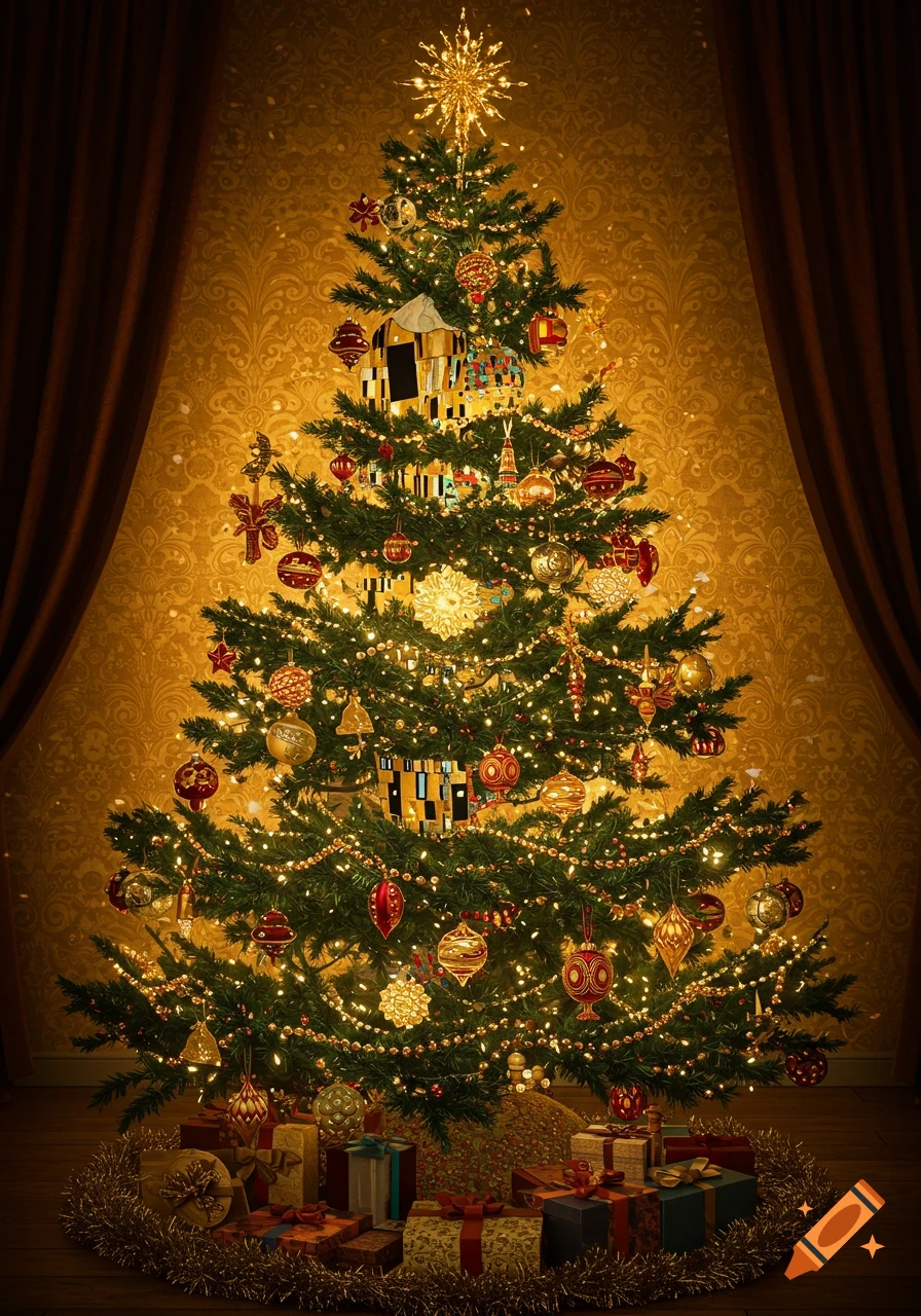 A festive Christmas tree decorated with golden lights, various ornaments, and Klimt-style patterns, with presents at its base.