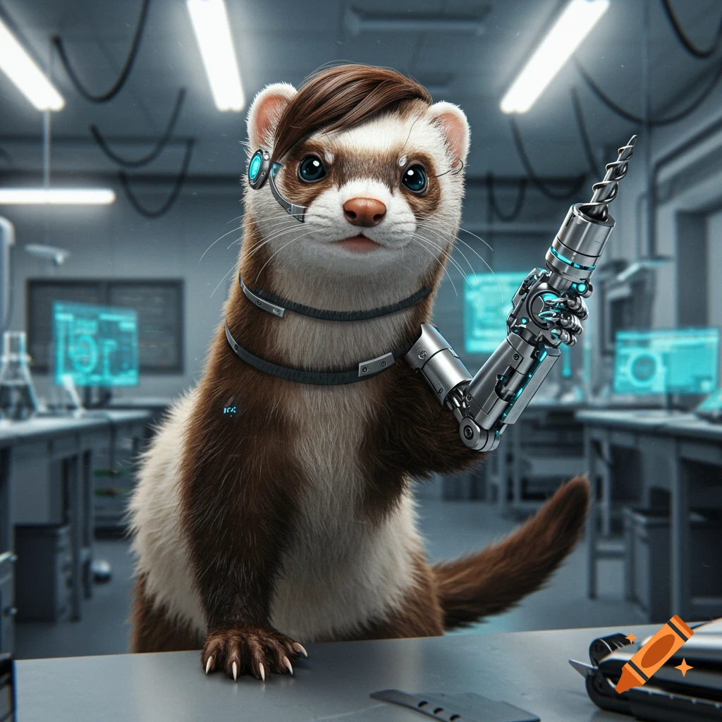 A photorealistic cyborg ferret with a drill arm stands in a laboratory setting.