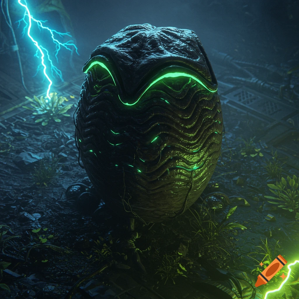 A dark, textured alien egg with glowing green lines sits in an overgrown, industrial-like environment with blue lightning striking in the background.