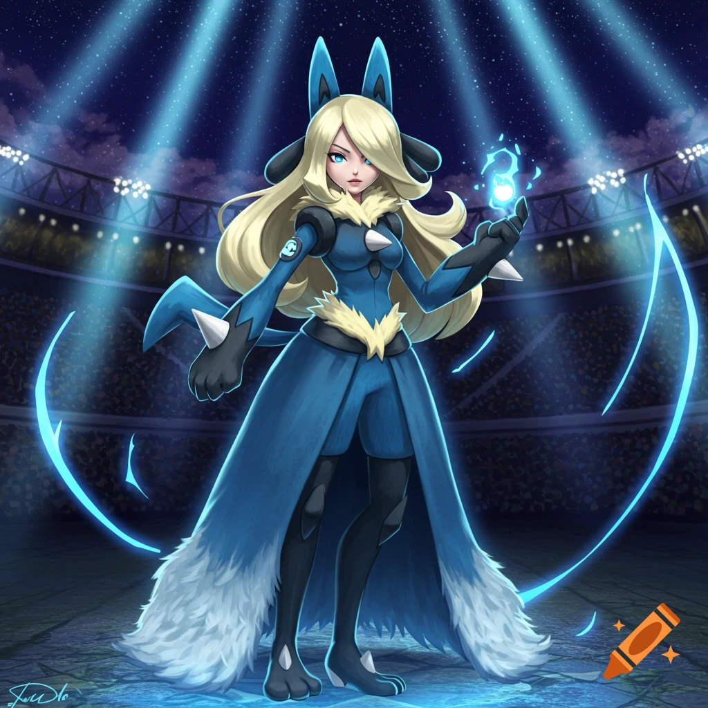 Anime art of Pokemon's Cynthia in a blue Lucario costume, holding a glowing blue energy orb in a stadium under spotlights.