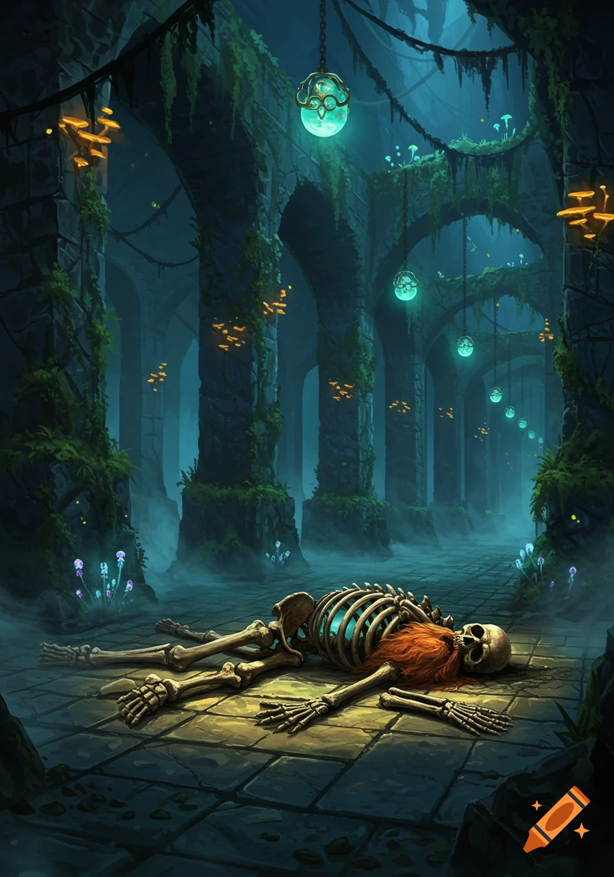 Red-bearded dwarf skeleton on the floor of a mossy, eerie stone labyrinth with glowing mushrooms and orbs. Fantasy art style.