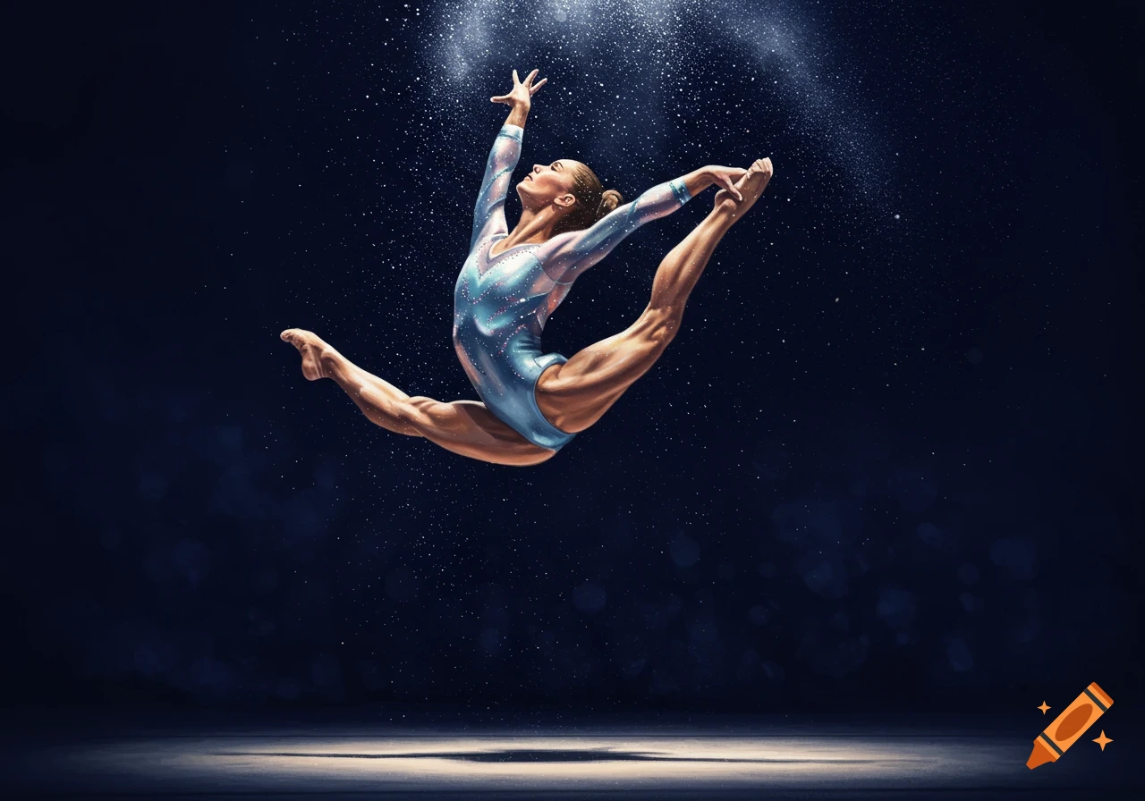 A female gymnast in a blue leotard performs a powerful split leap in a dark, spotlighted arena with glittering dust.