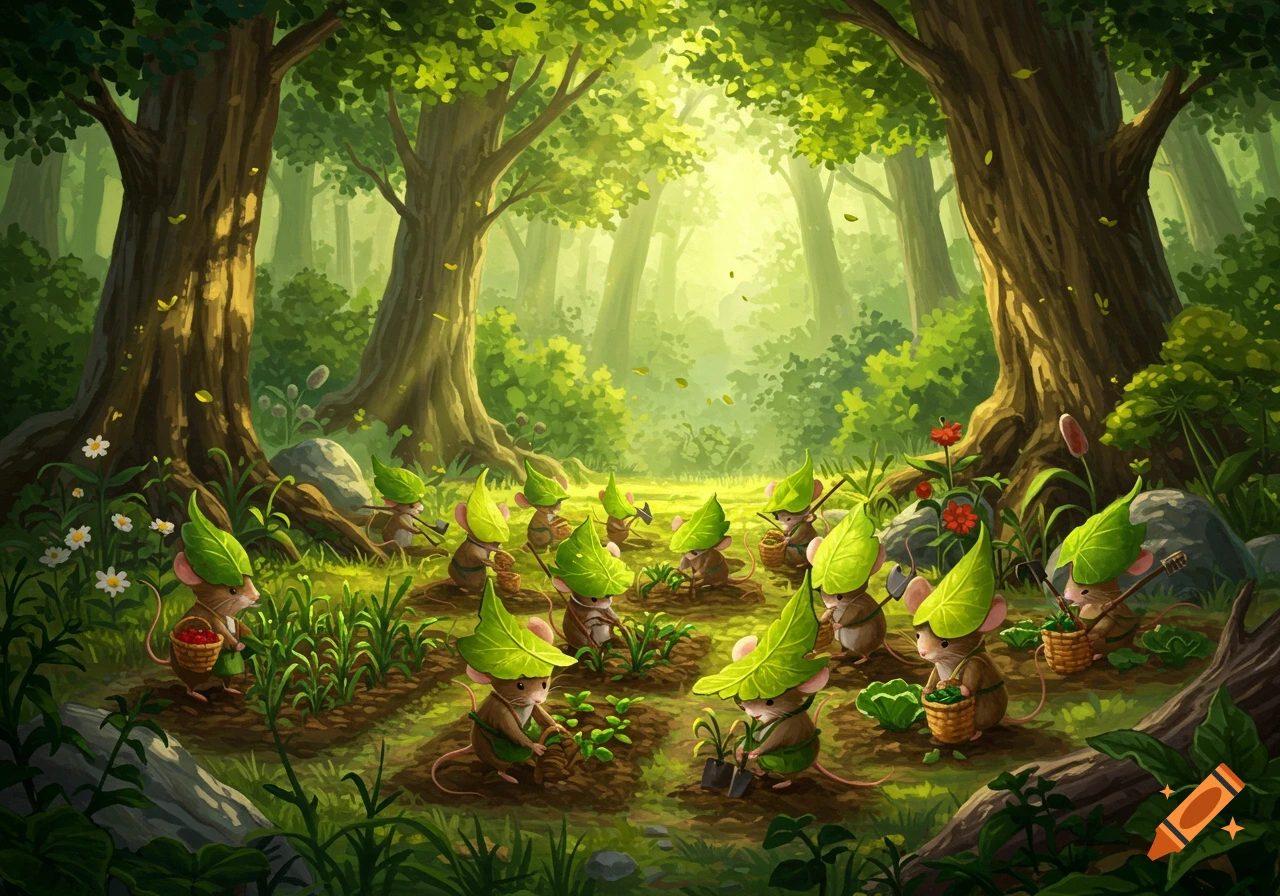 Whimsical illustration of adorable mouse gardeners in leaf hats tending to plants in a vibrant, enchanted forest.
