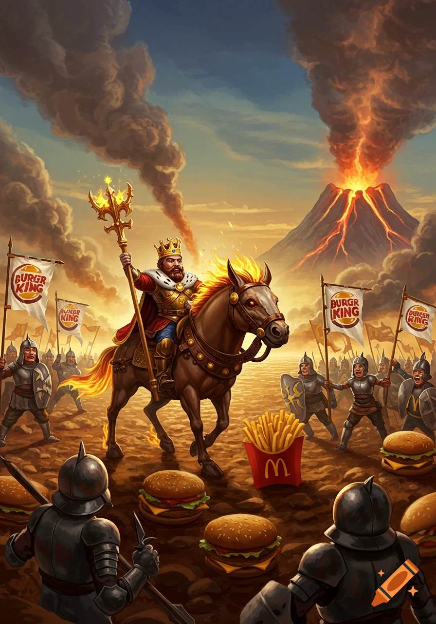 A fantasy illustration of the Burger King on horseback leading an army of knights against McDonald's, with burgers and fries on the ground and a volcano erupting in the background.