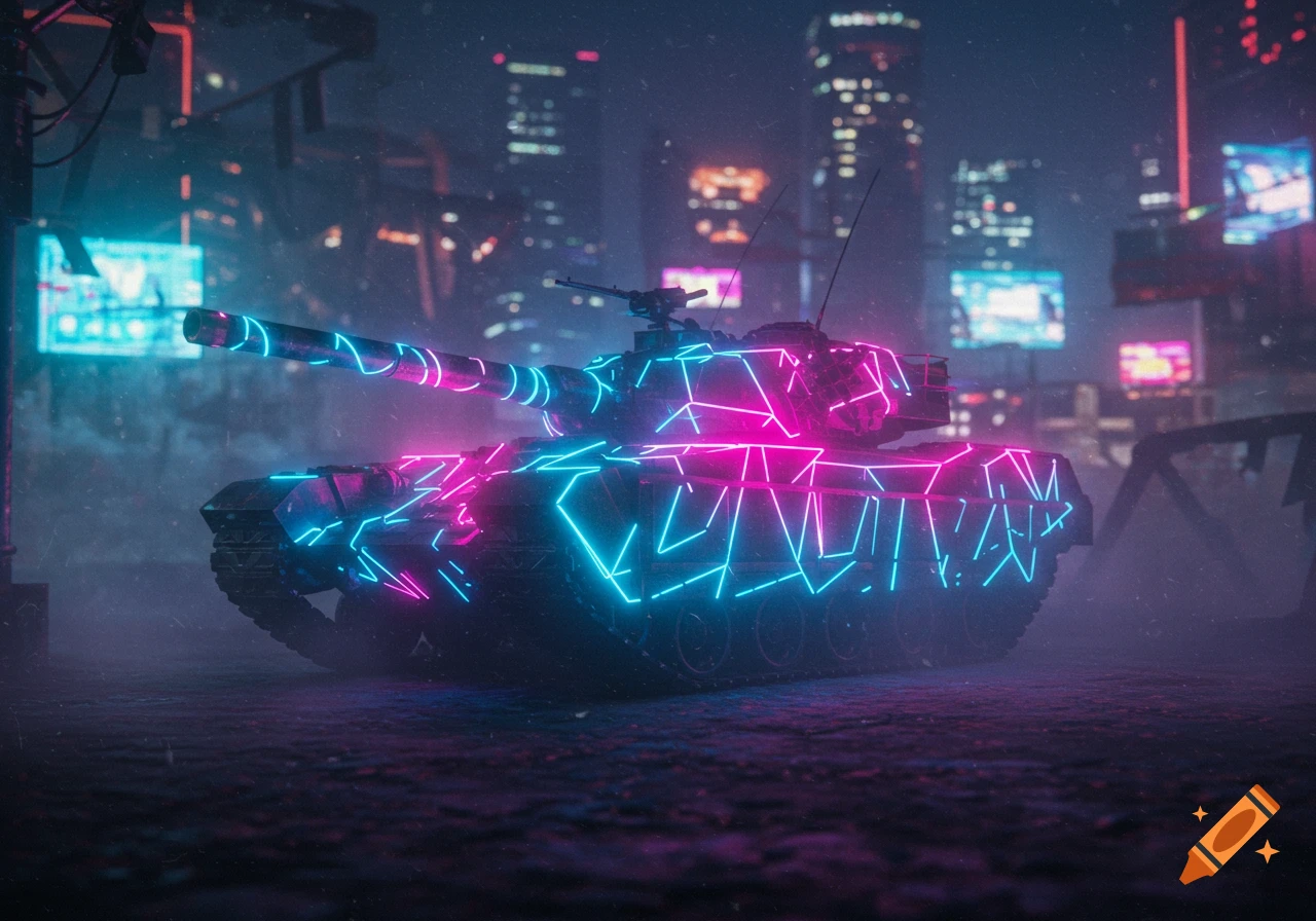 A black tank outlined with glowing pink and blue neon lights in a foggy, dark cyberpunk city at night.