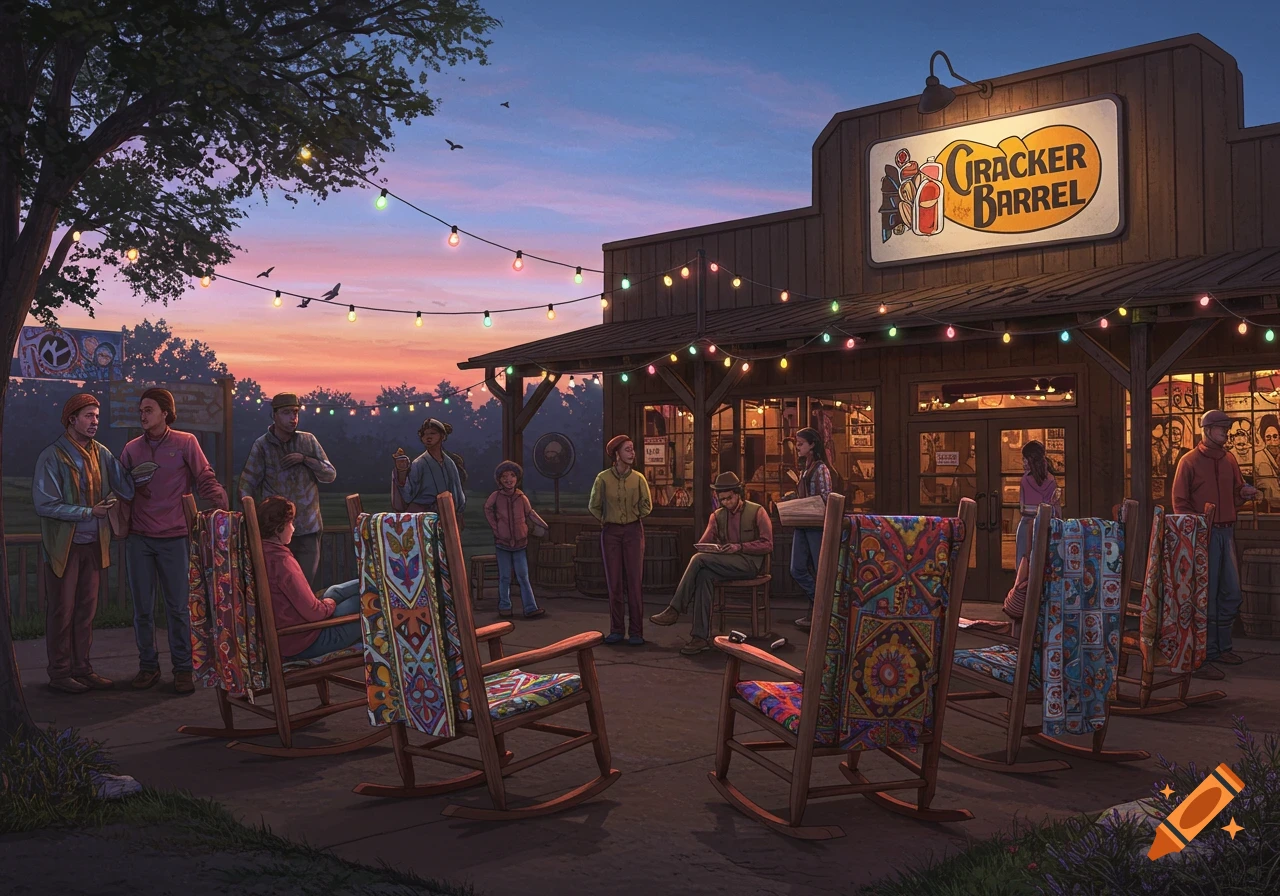 An illustrative scene of people gathered outside a Cracker Barrel restaurant at dusk, with string lights overhead.